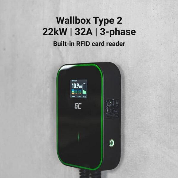 Green Cell Wallbox 22kW z wyświetlaczem, gniazdem Typ 2 i RFID